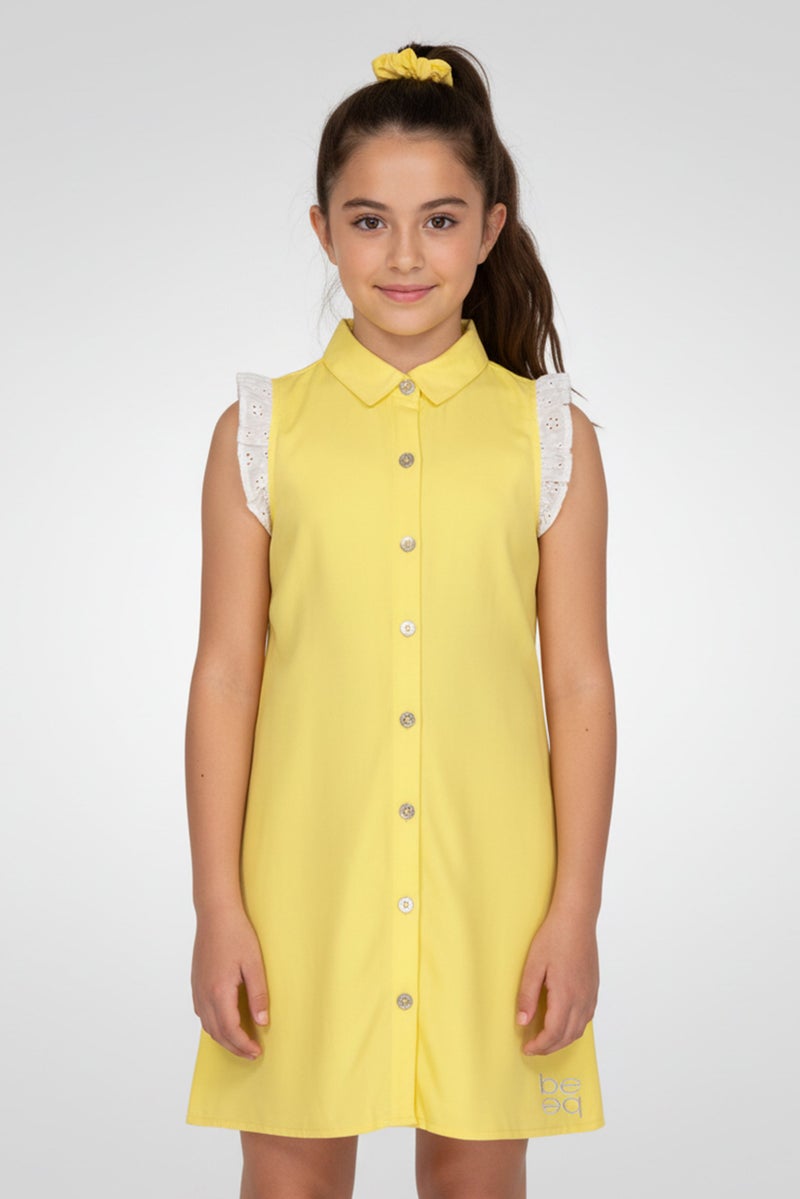 bebe Kids Girl Embroidered Logo Shirt Dress With Scrunchie, Yellow - Image 1