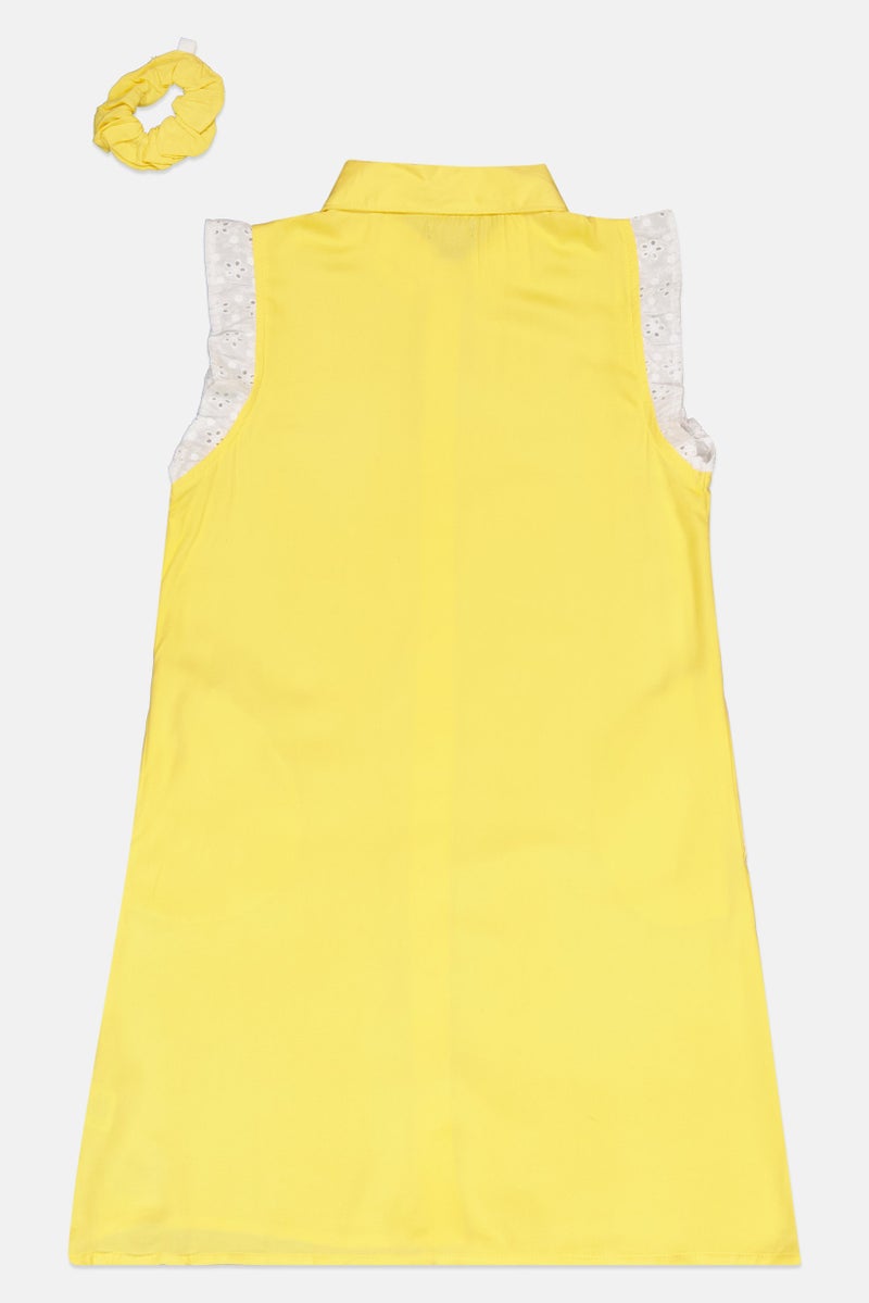 bebe Kids Girl Embroidered Logo Shirt Dress With Scrunchie, Yellow - Image 3