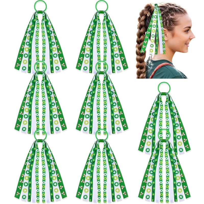 CN 8PCS St Patricks Cheer Bows for Cheerleaders Clover Green Hair Bows for Girls Hair Ribbon Ponytail Holder Cheerleading Bows Hair Accessories St Patricks