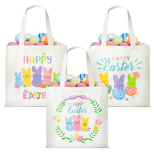Zainpe 3Pcs Easter Gift Canvas Bags Egg Bunny Tote Treat Bags with Handle for Kids, Reusable Large Capacity Handbag Happy Easter Baskets Trick Handbags Spring Party Favor Supplies - Image 1