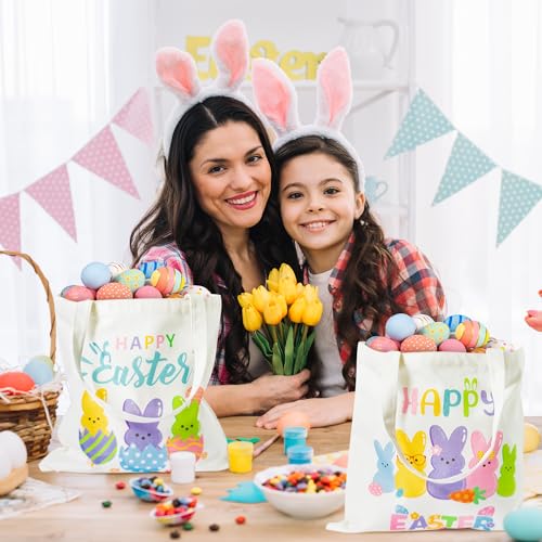 Zainpe 3Pcs Easter Gift Canvas Bags Egg Bunny Tote Treat Bags with Handle for Kids, Reusable Large Capacity Handbag Happy Easter Baskets Trick Handbags Spring Party Favor Supplies - Image 4