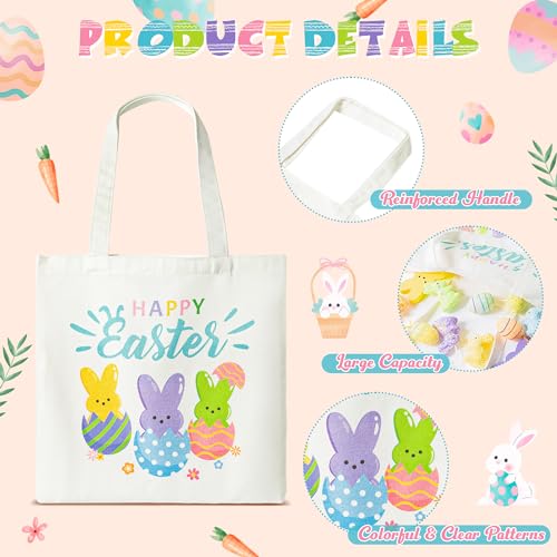 Zainpe 3Pcs Easter Gift Canvas Bags Egg Bunny Tote Treat Bags with Handle for Kids, Reusable Large Capacity Handbag Happy Easter Baskets Trick Handbags Spring Party Favor Supplies - Image 3