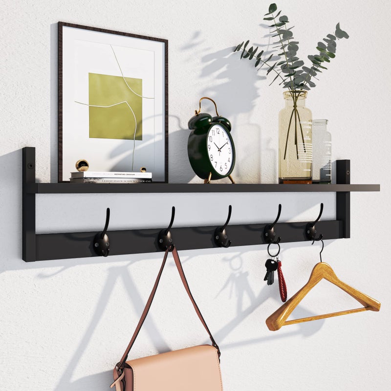 AMBIRD Wall Hooks with Shelf Entryway Hanging Wood Coat Hooks with Shelf WallMounted Coat Hook Rack with 5 Dual Hooks for Bathroom Living Room Bedroom Stylish