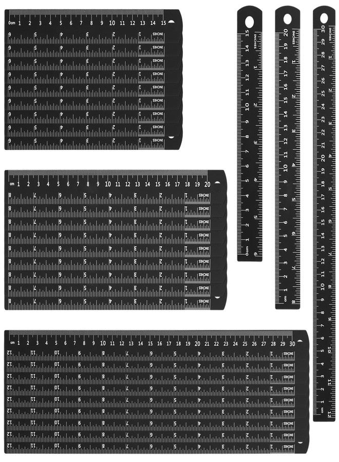 مجموعة مسطرة معدنية سوداء من هاكزيون، 30 قطعة، مسطرة من سبائك الألومنيوم بمقاس 6/8/12 بوصة مع جدول تحويل من بوصة إلى سم، مجموعة مسطرة معدنية مترية للهندسة المكتبية والقياس والرسم - Image 1