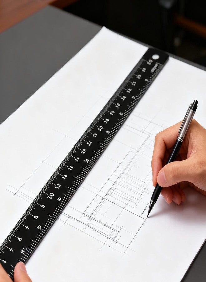 مجموعة مسطرة معدنية سوداء من هاكزيون، 30 قطعة، مسطرة من سبائك الألومنيوم بمقاس 6/8/12 بوصة مع جدول تحويل من بوصة إلى سم، مجموعة مسطرة معدنية مترية للهندسة المكتبية والقياس والرسم - Image 5