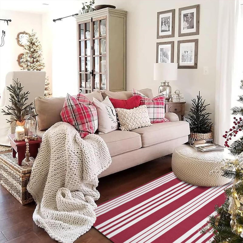 USTIDE Red and White Striped Outdoor Rug 35.4'' x 59''Cotton Hand-Woven Rug Washable Outdoor Doormats Outdoor Entrance Mat for Front Door Kitchen Entryway Patio Front Porch Christmas Door Mat - Image 1