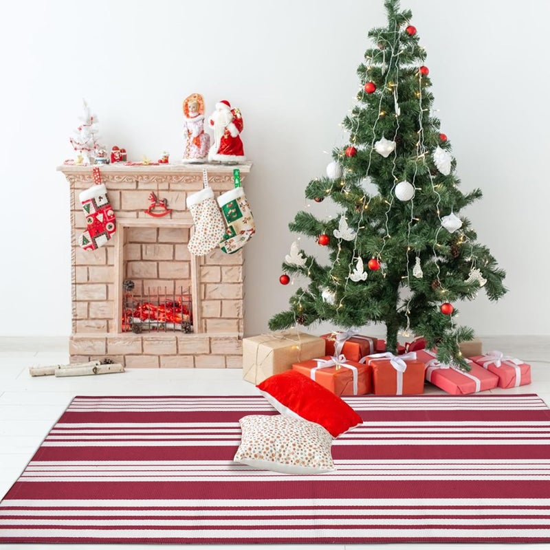 USTIDE Red and White Striped Outdoor Rug 35.4'' x 59''Cotton Hand-Woven Rug Washable Outdoor Doormats Outdoor Entrance Mat for Front Door Kitchen Entryway Patio Front Porch Christmas Door Mat - Image 2