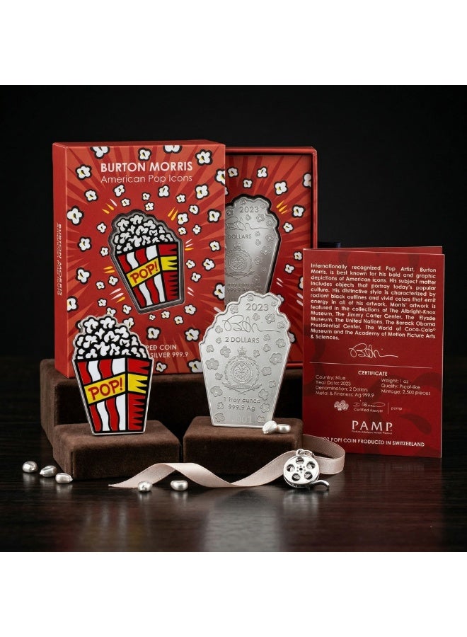 PAMP Burton Morris American Pop Icons Pop! 1oz .9999 Fine Silver Popcorn-Shaped Collectible Coin - Image 1