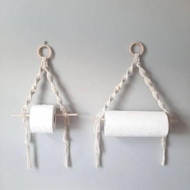 Handmade Macrame Toilet Paper Holder Set, Wall Mount, Cotton Rope, Wooden Dowel, Boho Bathroom Decor,be