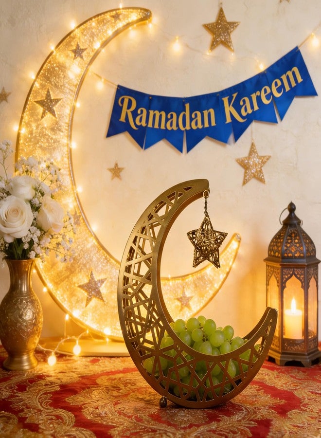 Eforcase Ramadan Decoration Ramadan Trays, Metal Eid Mubarak Plates Moon Star Serving Trays Food Storage Containers Dinner Plate Dessert Platters Crescent Display Tray Holder for Eid Party Favor - Image 2