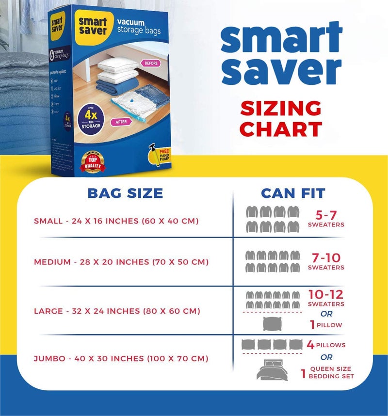 Smart Saver أكياس ضغط فراغ 6 جامبو (70x100) سم مع مضخة يد كهربائية ويدوية | أكياس تخزين فراغ | أكياس فراغ للسفر | أكياس فراغ موفرة للمساحة - Image 2