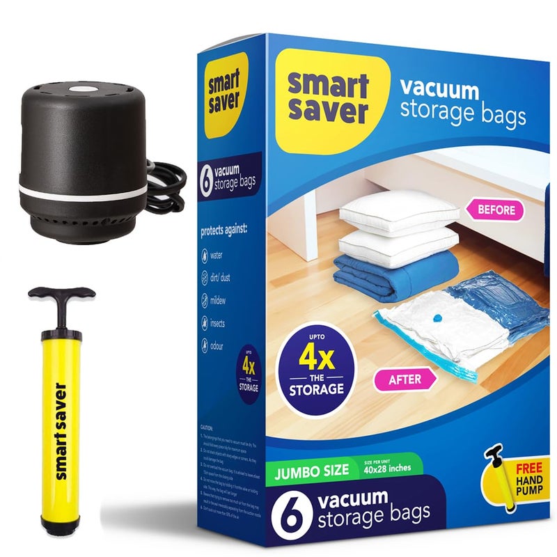 Smart Saver أكياس ضغط فراغ 6 جامبو (70x100) سم مع مضخة يد كهربائية ويدوية | أكياس تخزين فراغ | أكياس فراغ للسفر | أكياس فراغ موفرة للمساحة - Image 1