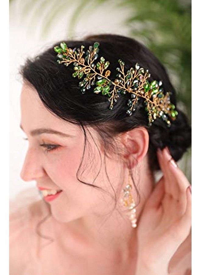 FXmimior Bridal Handmade Fancy Gold Hair Accessory Emerald Rhinestone Headband Emerald Green Crystal Headpiece Emerald Green Wedding Tiaras And Crowns For Women And Girls(Heaband) - Image 1