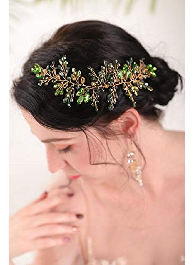 FXmimior Bridal Handmade Fancy Gold Hair Accessory Emerald Rhinestone Headband Emerald Green Crystal Headpiece Emerald Green Wedding Tiaras And Crowns For Women And Girls(Heaband) - Image 5