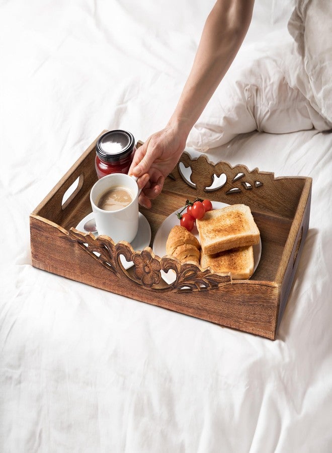 Mela Artisans Coffee Table Tray (Medium Burnt) - “Orchid” Wood Serving Tray w/Handles for Breakfast in Bed - Mango Wood Decorative Tray w/Felt Pads - Medium Size Tray - 16” x 12” x 2.5” - Image 5