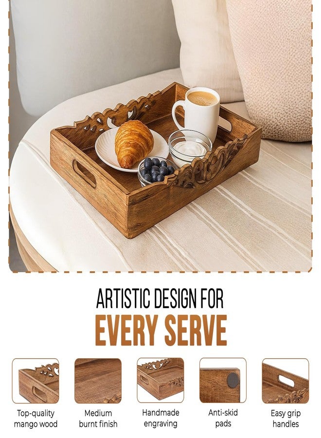 Mela Artisans Coffee Table Tray (Medium Burnt) - “Orchid” Wood Serving Tray w/Handles for Breakfast in Bed - Mango Wood Decorative Tray w/Felt Pads - Medium Size Tray - 16” x 12” x 2.5” - Image 3
