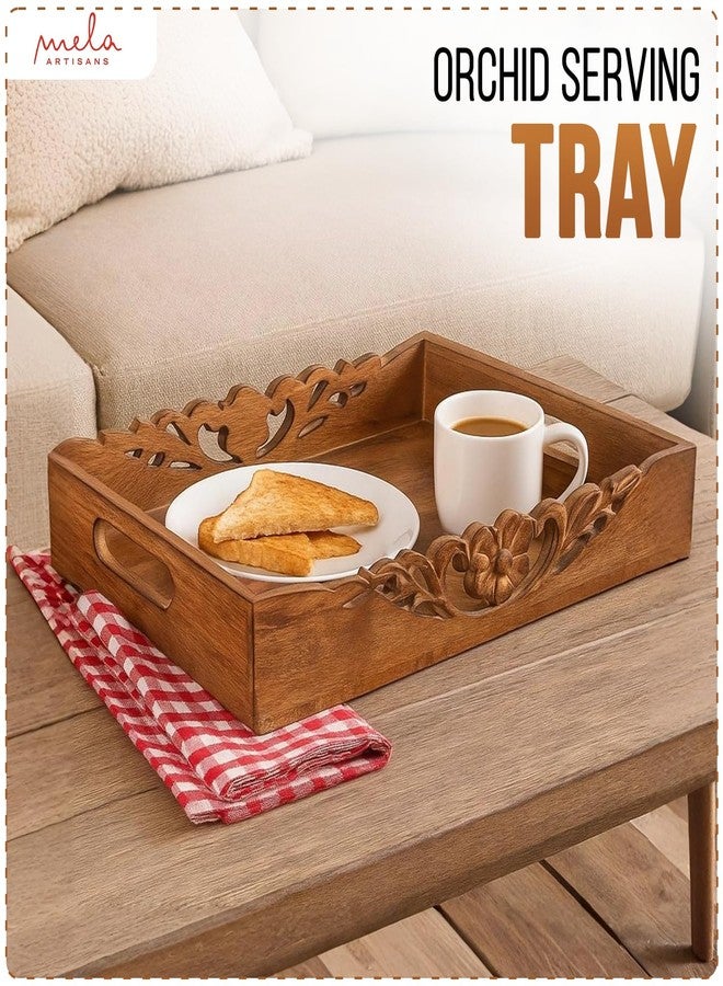 Mela Artisans Coffee Table Tray (Medium Burnt) - “Orchid” Wood Serving Tray w/Handles for Breakfast in Bed - Mango Wood Decorative Tray w/Felt Pads - Medium Size Tray - 16” x 12” x 2.5” - Image 4