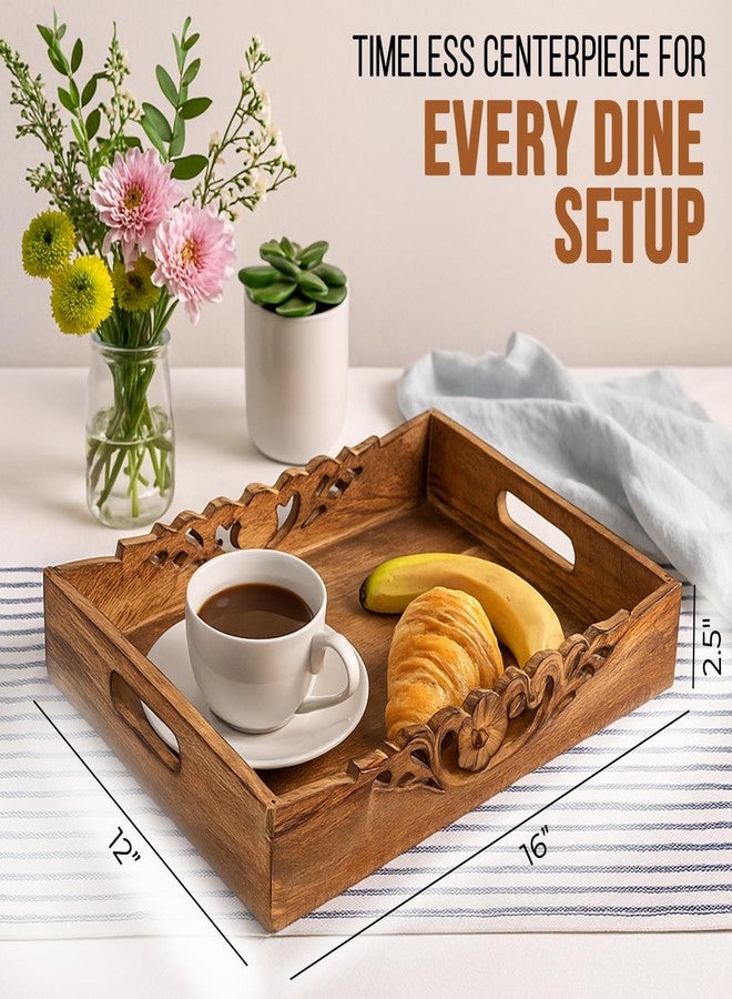Mela Artisans Coffee Table Tray (Medium Burnt) - “Orchid” Wood Serving Tray w/Handles for Breakfast in Bed - Mango Wood Decorative Tray w/Felt Pads - Medium Size Tray - 16” x 12” x 2.5” - Image 2