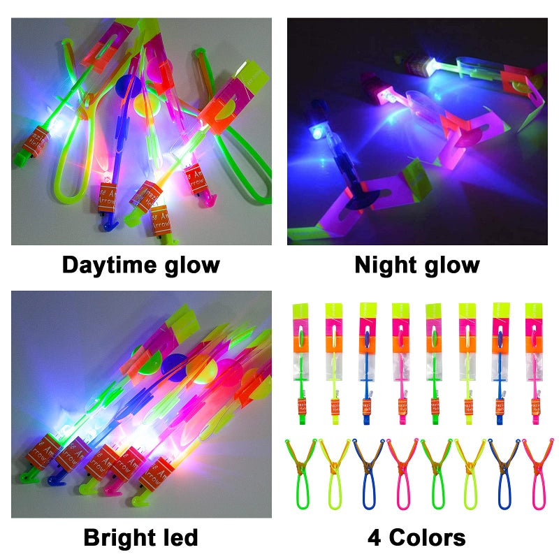 DTDR Rocket Slingshot Flying with LED Lights Glow The Dark Party,12 Launchers + 12 LED Helicopters,Slingshot Amazing Arrow Helicopter Glow Supplies for Kids (24 Pieces) - Image 3