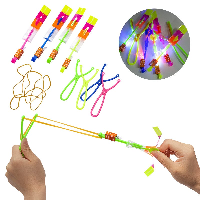 DTDR Rocket Slingshot Flying with LED Lights Glow The Dark Party,12 Launchers + 12 LED Helicopters,Slingshot Amazing Arrow Helicopter Glow Supplies for Kids (24 Pieces) - Image 2