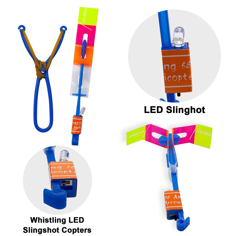 DTDR Rocket Slingshot Flying with LED Lights Glow The Dark Party,12 Launchers + 12 LED Helicopters,Slingshot Amazing Arrow Helicopter Glow Supplies for Kids (24 Pieces) - Image 4