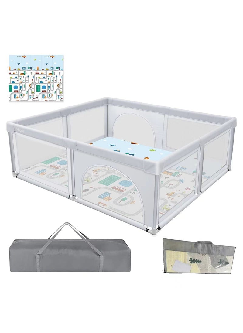 RONBEi RONBEI -Large Playard, Baby Playpen With Carry Bag + Play Mat With Bag, Light Grey, 200L*180W*68H cm  - Image 1