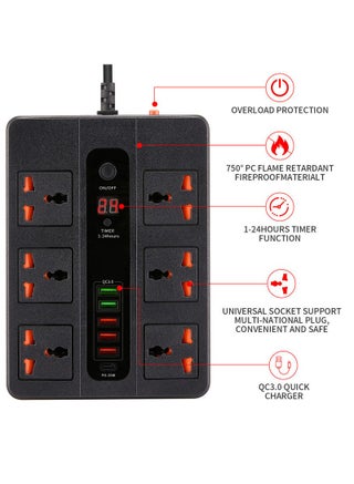 مقبس عالمي بطول 2 متر، مقبس USB للشحن، وظيفة التوقيت، قابس تمديد أسود،توصيله كهربائيه،مشترك كهرباء،توصيلة،وصلة كهرباء - view 2