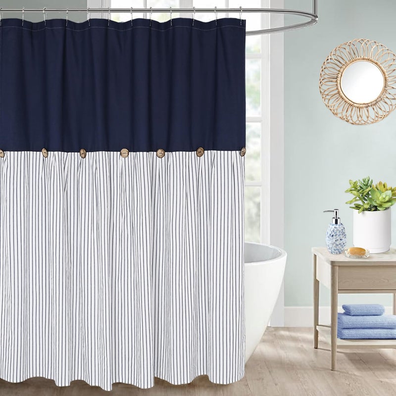 DOSLY IDÃ‰ES Farmhouse Navy Blue Shower Curtain for Bathroom,Beige and Navy Stripe,Button Curtain,Cotton Blend Woven Fabric,Rustic Charm Country Chic Style,72x72 in - Image 1