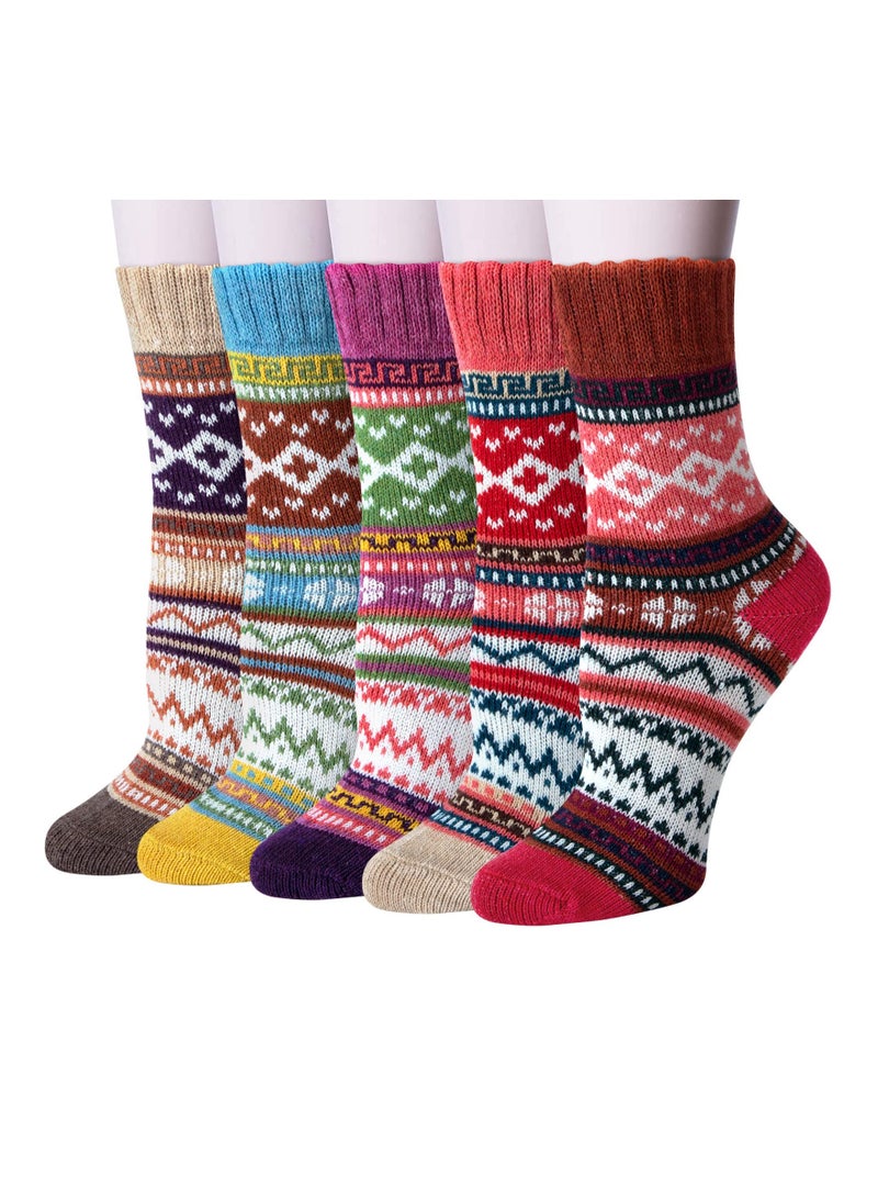 5 Pairs of Thick Knit Wool Socks for Women, Cozy Winter Cabin Crew Socks, Suitable Gift for Warmth and Comfort