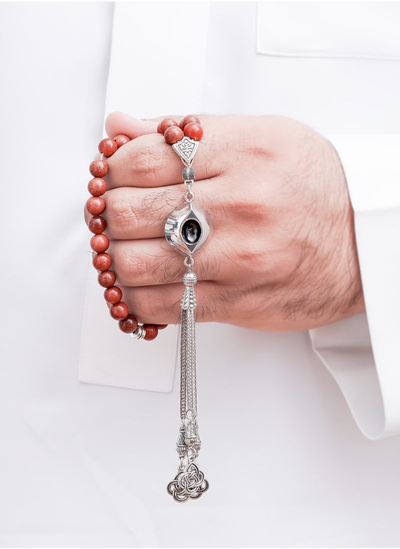 Subhati Prayer Beads ( Misbah ) with metal Parts and Gold Stone | 8 MM Beads - 45 Pcs  - Image 1