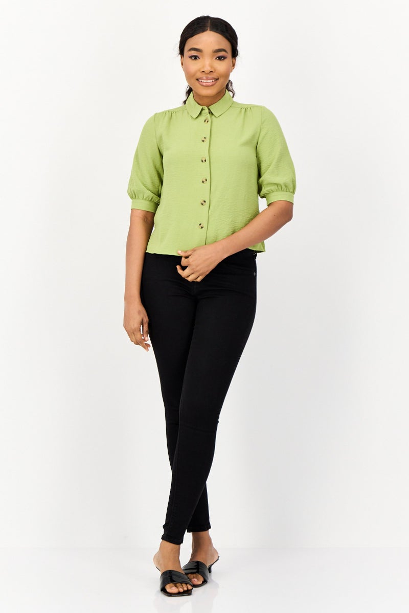 ONLY Women Spread Collar Short Sleeve Textured Blouse, Green  - Image 2