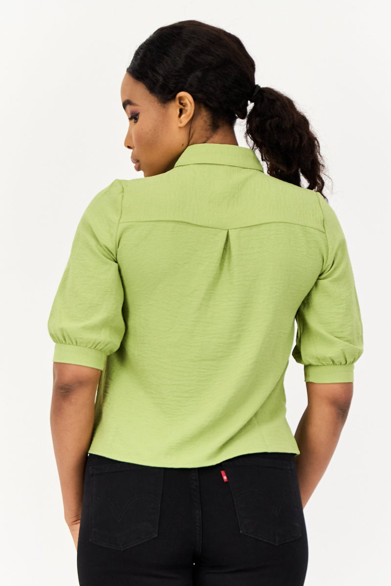ONLY Women Spread Collar Short Sleeve Textured Blouse, Green  - Image 4