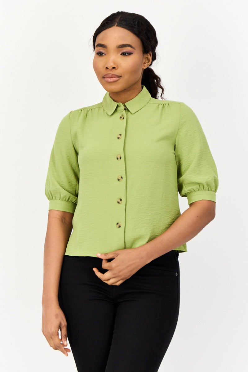 ONLY Women Spread Collar Short Sleeve Textured Blouse, Green  - Image 1