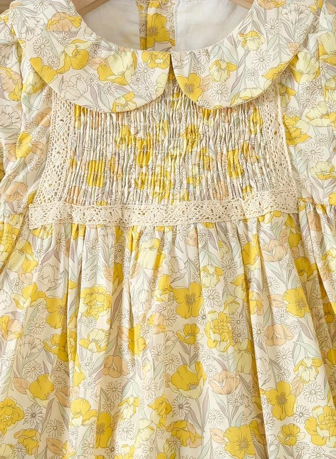 تايك تو Take Two Girls Yellow Cotton Floral Peter Pan Collar Dress
