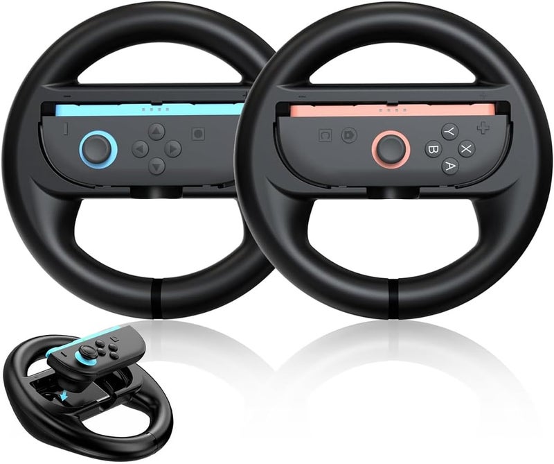 عجلة قيادة لألعاب السباقات متوافقة مع وحدات التحكم Joy-Con لجهاز Switch 2، مجموعة من 2 قطعة، مع مقابض عجلات من نوع Mario Kart، إكسسوارات ألعاب سباقا�� مريحة من الناحية الوظيفية لجهاز Switch 2، متوافقة مع نظام اللعب World 9/8، اللون الأسود - Image 1
