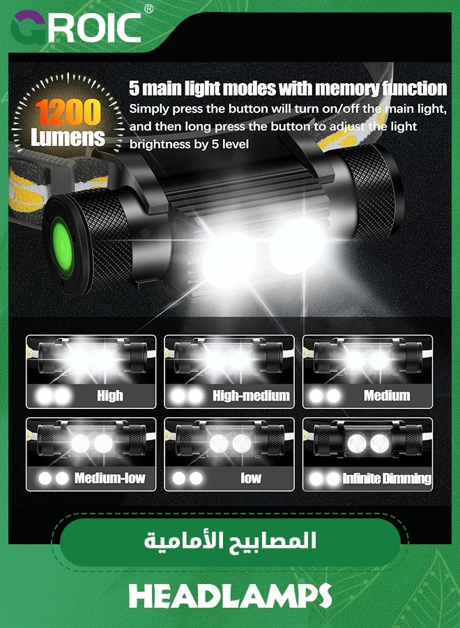 GROIC Headlamp Rechargeable, 1200 Lumen Super Bright LED Head Lamp for Adults, IP66 Waterproof Rechargeable Headlight with 9 Modes, Head Flashlight with 2000mAh for Outdoor Camping Hiking Fishing Running  - Image 2