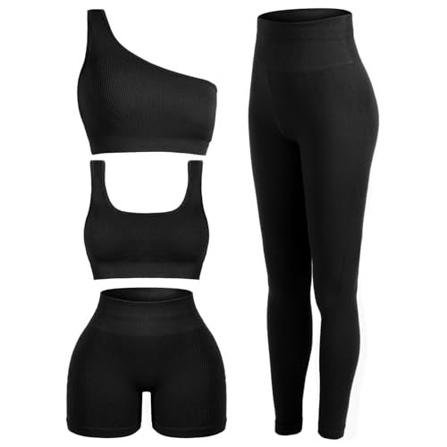 Floraltop طقم تمارين نسائي مكون من 4 قطع - طقم بيلاتس - حمالة صدر رياضية بياقة دائرية - شورتات - ليجنز - ملابس رياضية (أسود، صغير) - Image 1