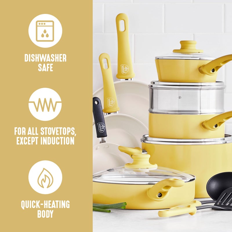 GreenLife 16 Piece Nonstick Cookware Set, Soft Grip Non-Toxic PFAS-Free Ceramic Pots & Pans, Dishwasher & Oven Safe, Frying, Sauce, Saute, Utensils, Glass Lids, Stay-Cool Handles, Wobble Free, Yellow - Image 2