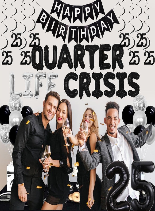 Balterever 25th Birthday Decorations Silver and Black Quarter Life Crisis Balloon Banner Decoration Happy 25th Birthday Decor with Happy Birthday Banner Fringe Curtain Cake Topper Hanging Swirl - Image 4