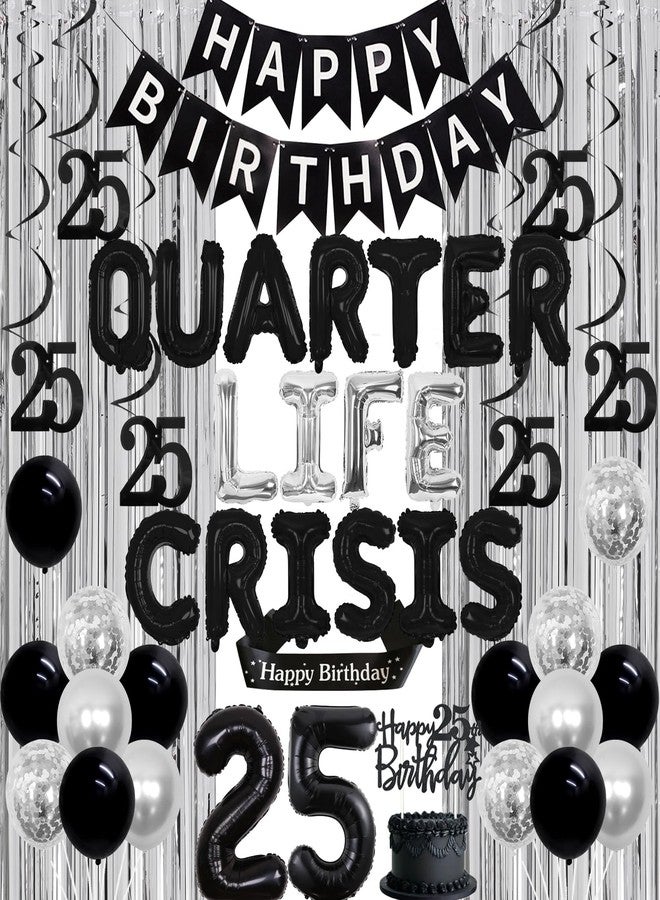 Balterever 25th Birthday Decorations Silver and Black Quarter Life Crisis Balloon Banner Decoration Happy 25th Birthday Decor with Happy Birthday Banner Fringe Curtain Cake Topper Hanging Swirl - Image 1