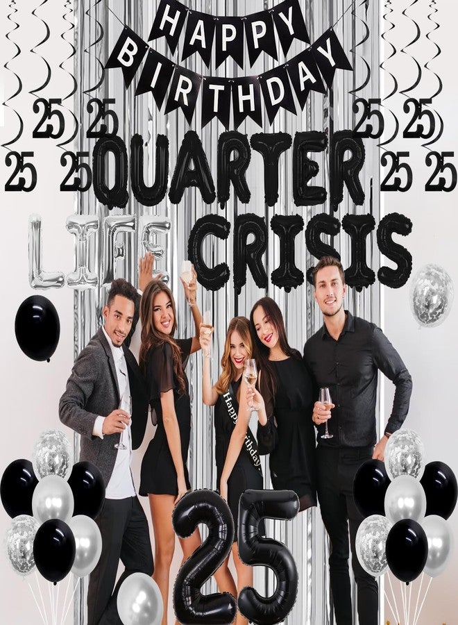 Balterever 25th Birthday Decorations Silver and Black Quarter Life Crisis Balloon Banner Decoration Happy 25th Birthday Decor with Happy Birthday Banner Fringe Curtain Cake Topper Hanging Swirl - Image 2