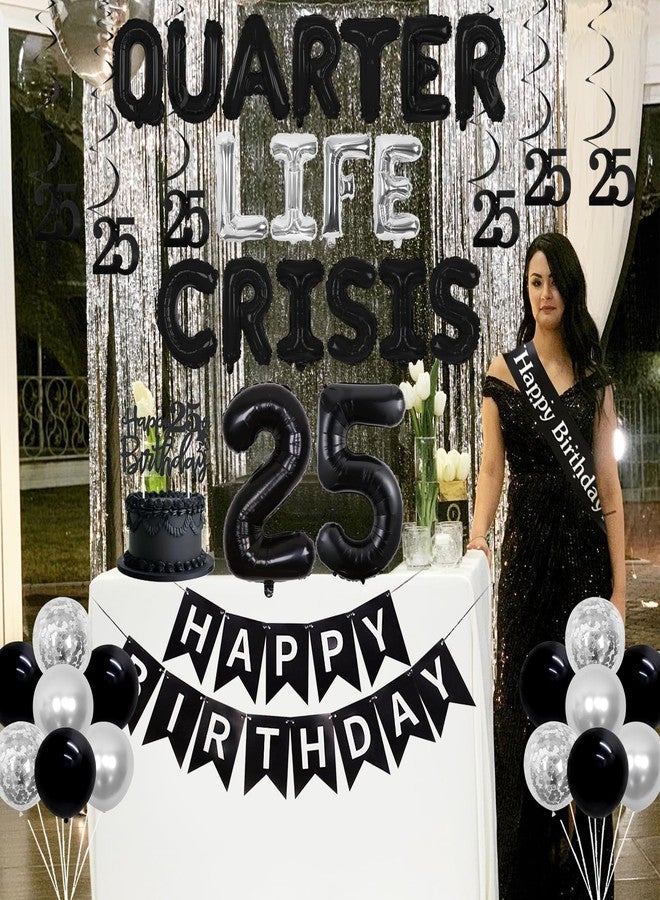 Balterever 25th Birthday Decorations Silver and Black Quarter Life Crisis Balloon Banner Decoration Happy 25th Birthday Decor with Happy Birthday Banner Fringe Curtain Cake Topper Hanging Swirl - Image 3