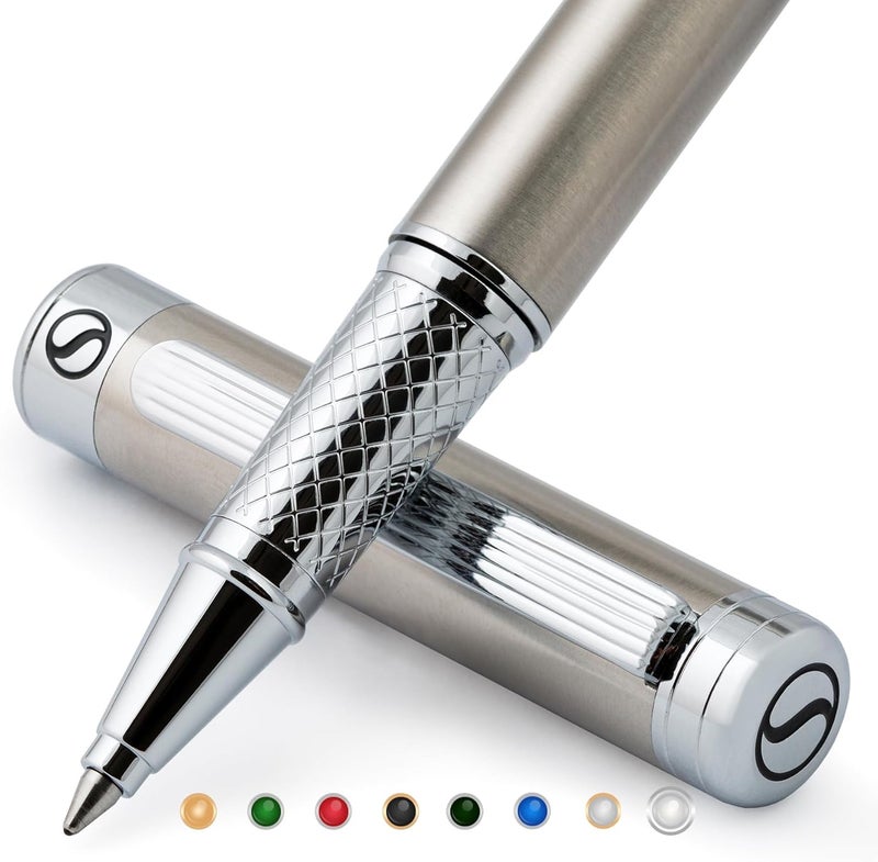 Scriveiner Stainless Steel Rollerball Pen - Stunning Luxury Metal Pen with Silver Chrome Finish, Schmidt Ink Refill, Best Roller Ball Pen Gift Set for Men & Women - Image 1