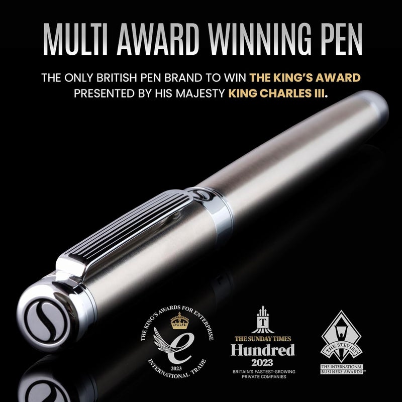 Scriveiner Stainless Steel Rollerball Pen - Stunning Luxury Metal Pen with Silver Chrome Finish, Schmidt Ink Refill, Best Roller Ball Pen Gift Set for Men & Women - Image 2