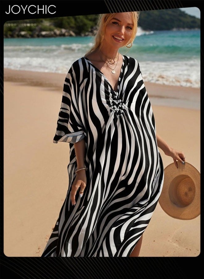 Joychic غطاء شاطئي صيفي للنساء بحجم كبير مع طباعة خطوط على شكل حرف V بأكمام قصيرة، فضفاض، ناعم، وقابل للتنفس، ملابس شاطئية عادية - Image 1