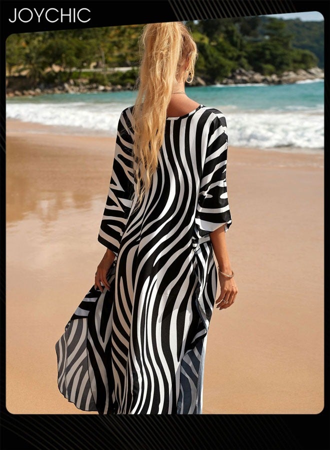 Joychic غطاء شاطئي صيفي للنساء بحجم كبير مع طباعة خطوط على شكل حرف V بأكمام قصيرة، فضفاض، ناعم، وقابل للتنفس، ملابس شاطئية عادية - Image 3