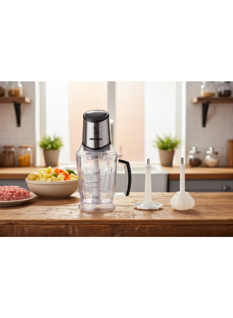 Mediatech Chopper, 800 Watt,Copper Motor, 2 Liters Capacity Bowl , 8 Durable Stainless Steel Blades,Garlic Peeler and Whipping Tool,Break-Proof Flask, MT-CR50 - Image 2