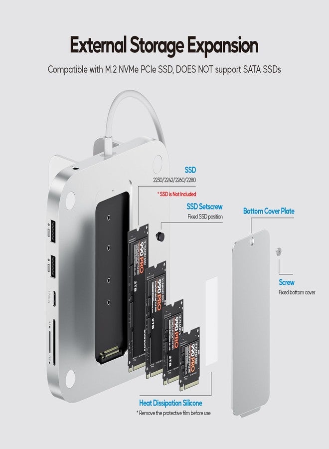 PULWTOP قاعدة توصيل ماك ميني M4 مع حاوية قرص SSD من نوع M.2 بسعة 4 تيرابايت، موزع USB-C عمودي من الألومنيوم 8 في 1 لجهاز ماك ميني M4 برو، حامل موزع مع منفذ USB-A/C 3.2 بسرعة 10 جيجابت في الثانية، منفذي USB-A 2.0، منفذ صوت 3.5 ملم، منفذ بطاقة SD/TF (القرص SSD غير مرفق) (فضي-1) - Image 3