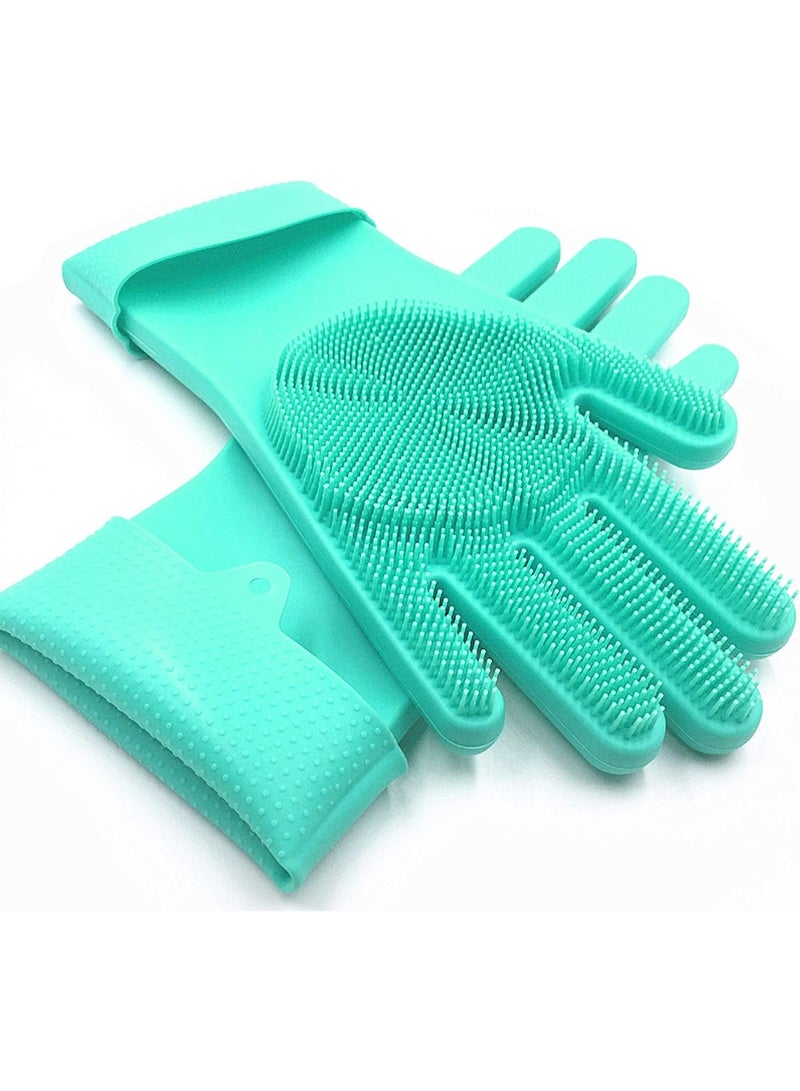 Magic silicone gloves with brushes for dishwashing, washing utensils, cleaning the kitchen and car, and pet care. One pair, multi-colored.