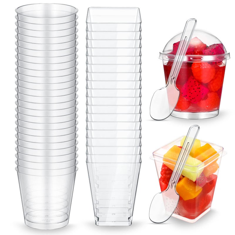 100 مجموعة أكواب حلوى سعة 5 أونص مع أغطية وملاعق أكواب بارفيه بلاستيكية شفافة أكواب بودينغ صغيرة دائرية ومربعة أكواب مقبلات صغيرة قابلة للتصرف لحفلات الآيس كريم